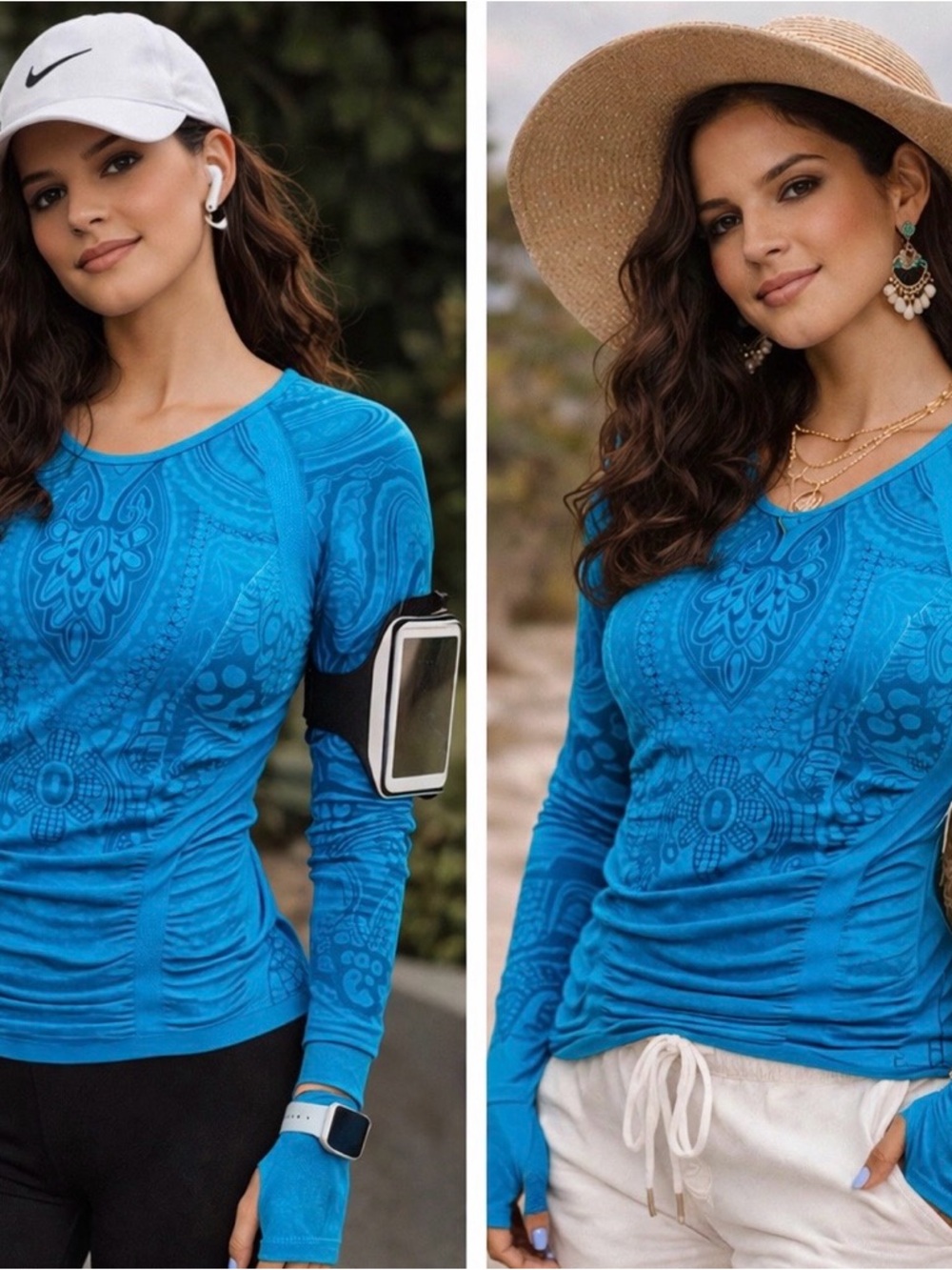 Athleta Blue Seamless Compression Top Thumbholes Paisley Sz XS Gym Pilates